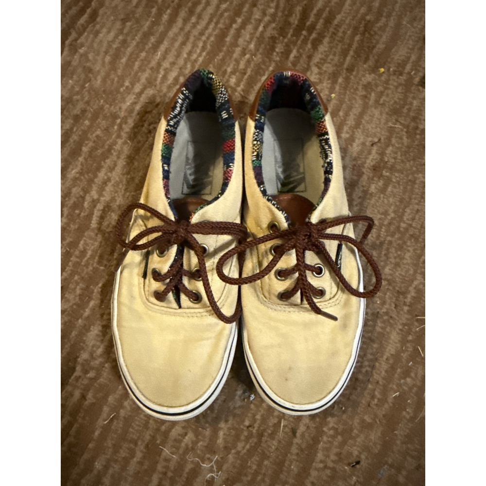 Vans Canvas Sneakers Casual Low Top Lace Up Tan Brown Trim Size Men's 5 Wom 6.5